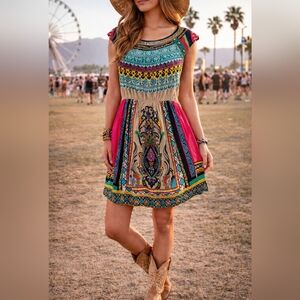 Flying Tomato Boho Tribal Print Mini Dress Rayon Festival Dress Small